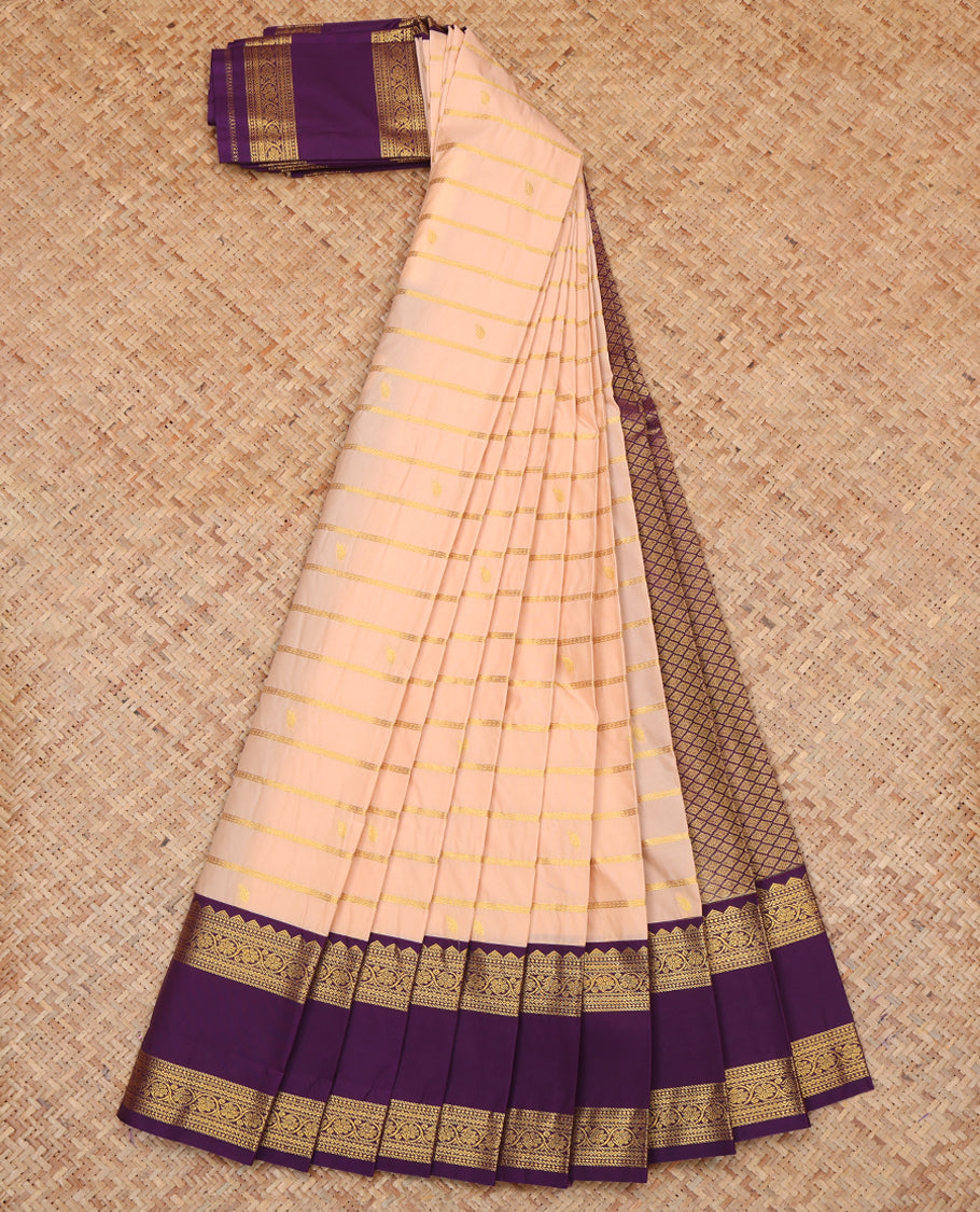 Light Cantaloupe Orange Budget Silk Saree, Detailed with Zari Buttas and Stripes, a Contrast Traditional Zari Rettai Pettu Border, Grand Pallu, and a Contrast Blouse