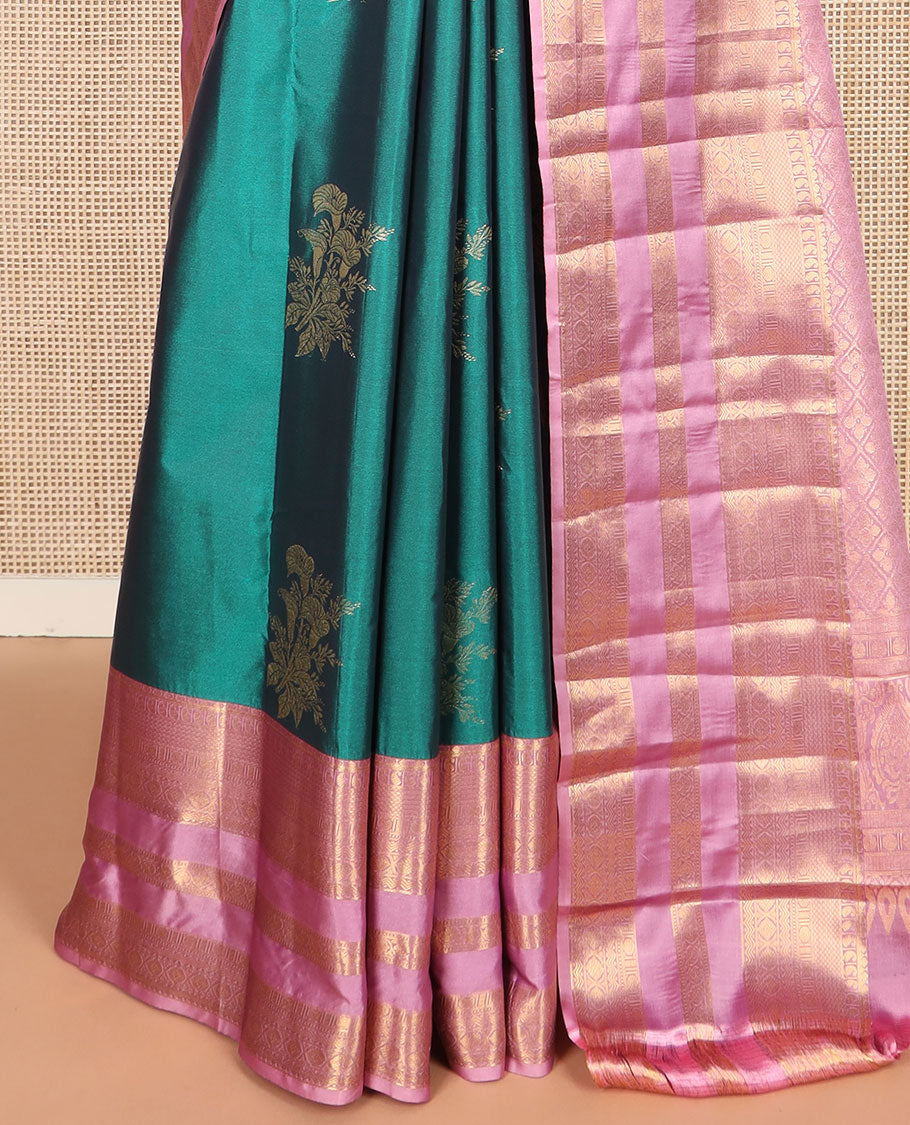 Green zari buttas budget silk saree, contrast traditional zari border, and jaal pallu