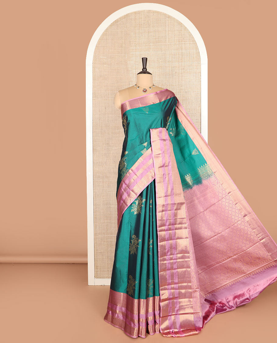 Green zari buttas budget silk saree, contrast traditional zari border, and jaal pallu