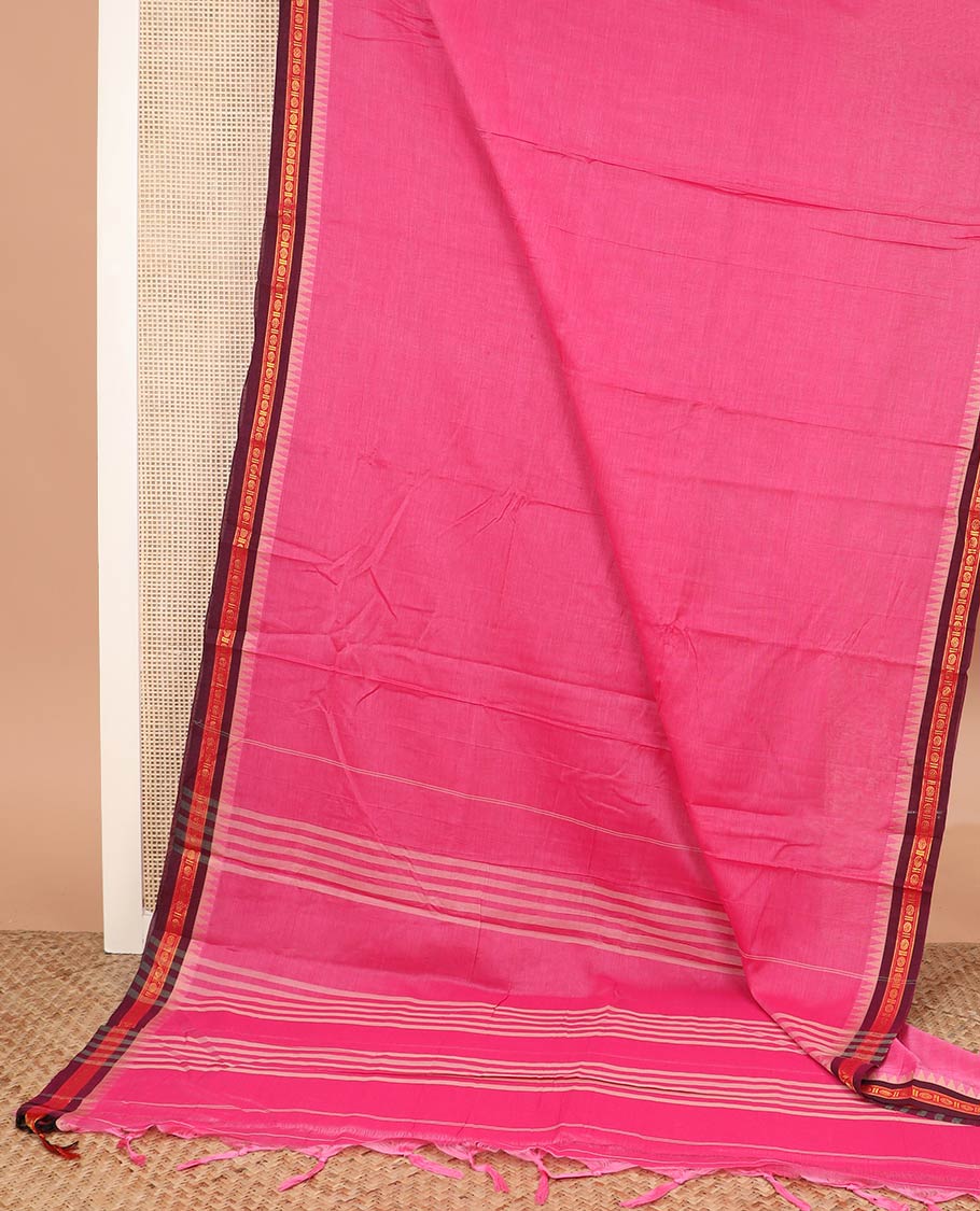 Pink plain Narayanpet cotton saree, contrast temple rudraksham border, and striped pallu
