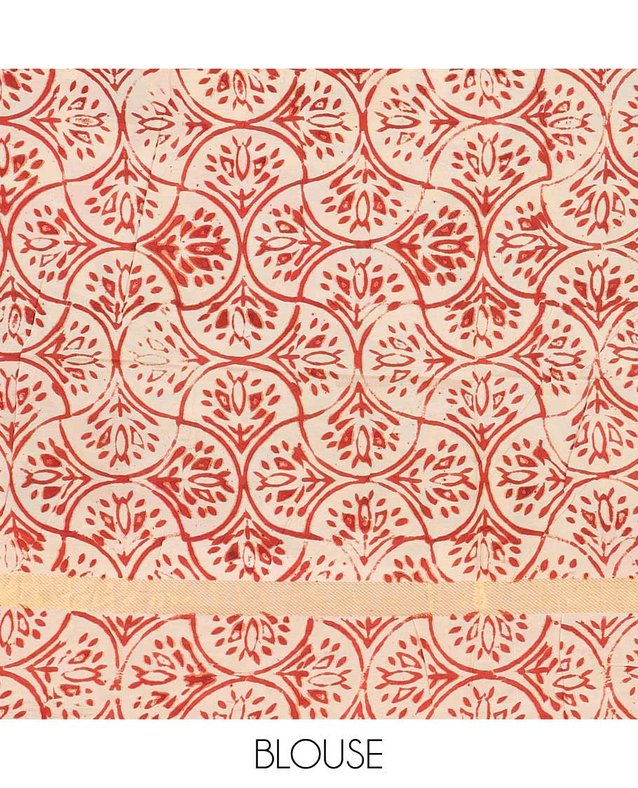 Sandal-base flora-fauna and Radha krishna motifs machine-printed Kalamkari cotton saree, ogee patterned zari border, and contrast kalamkari peacock printed pallu