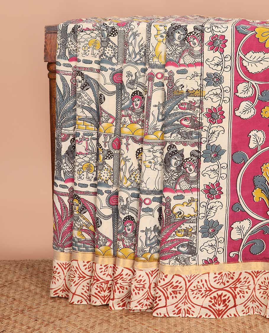 Sandal-base flora-fauna and Radha krishna motifs machine-printed Kalamkari cotton saree, ogee patterned zari border, and contrast kalamkari peacock printed pallu