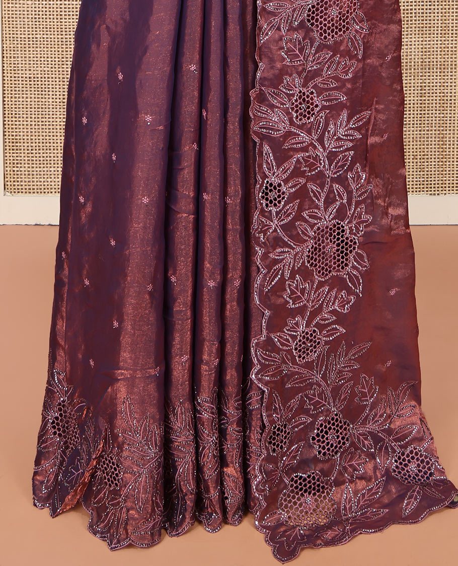 Copper Designer Saree, Spotlighted with Stonework, Scallop-Cut Stonework Border, Self Pallu, and Matching Blouse