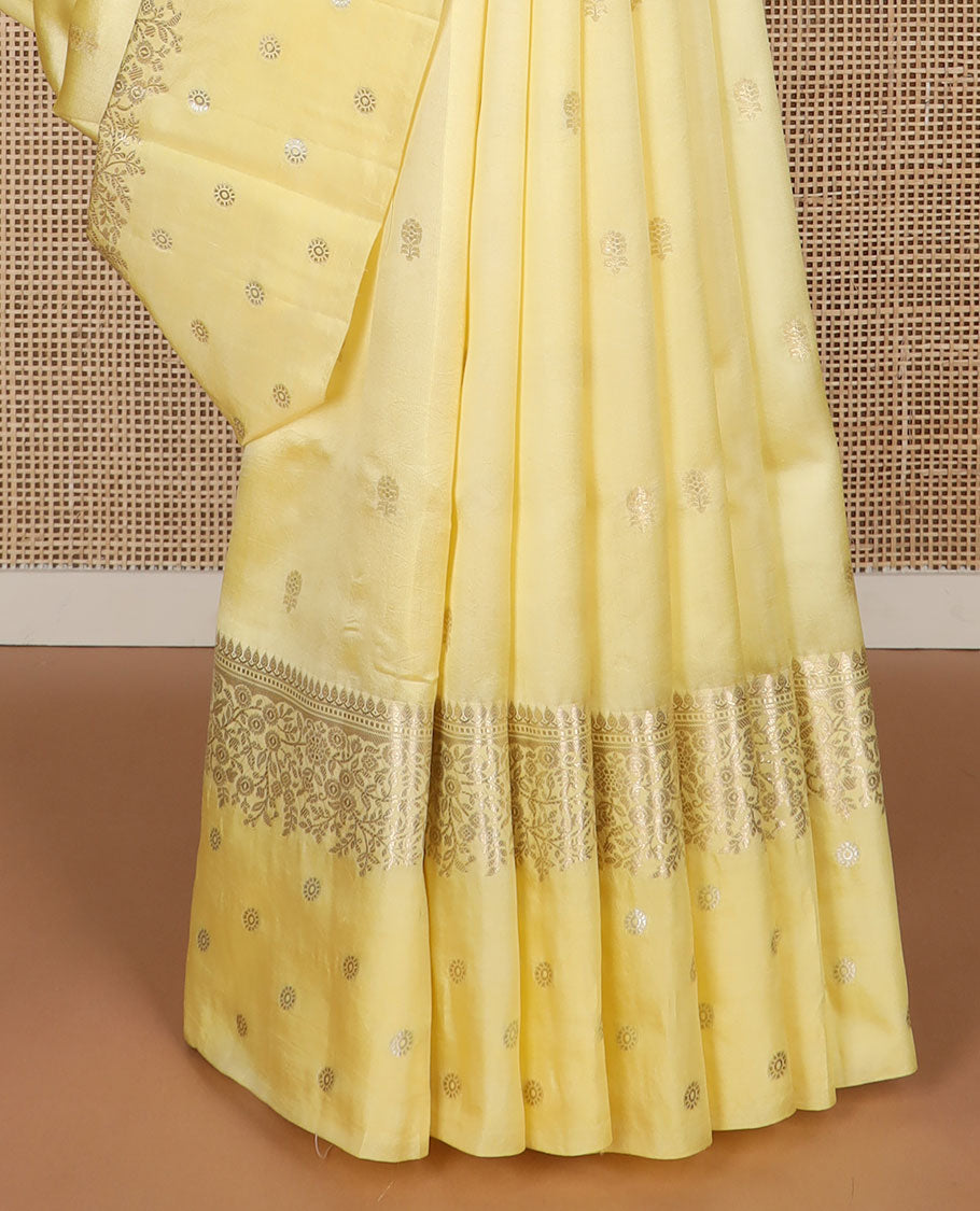 Lemon yellow floral motifs raw mango silk saree with self zari design & floral design pallu