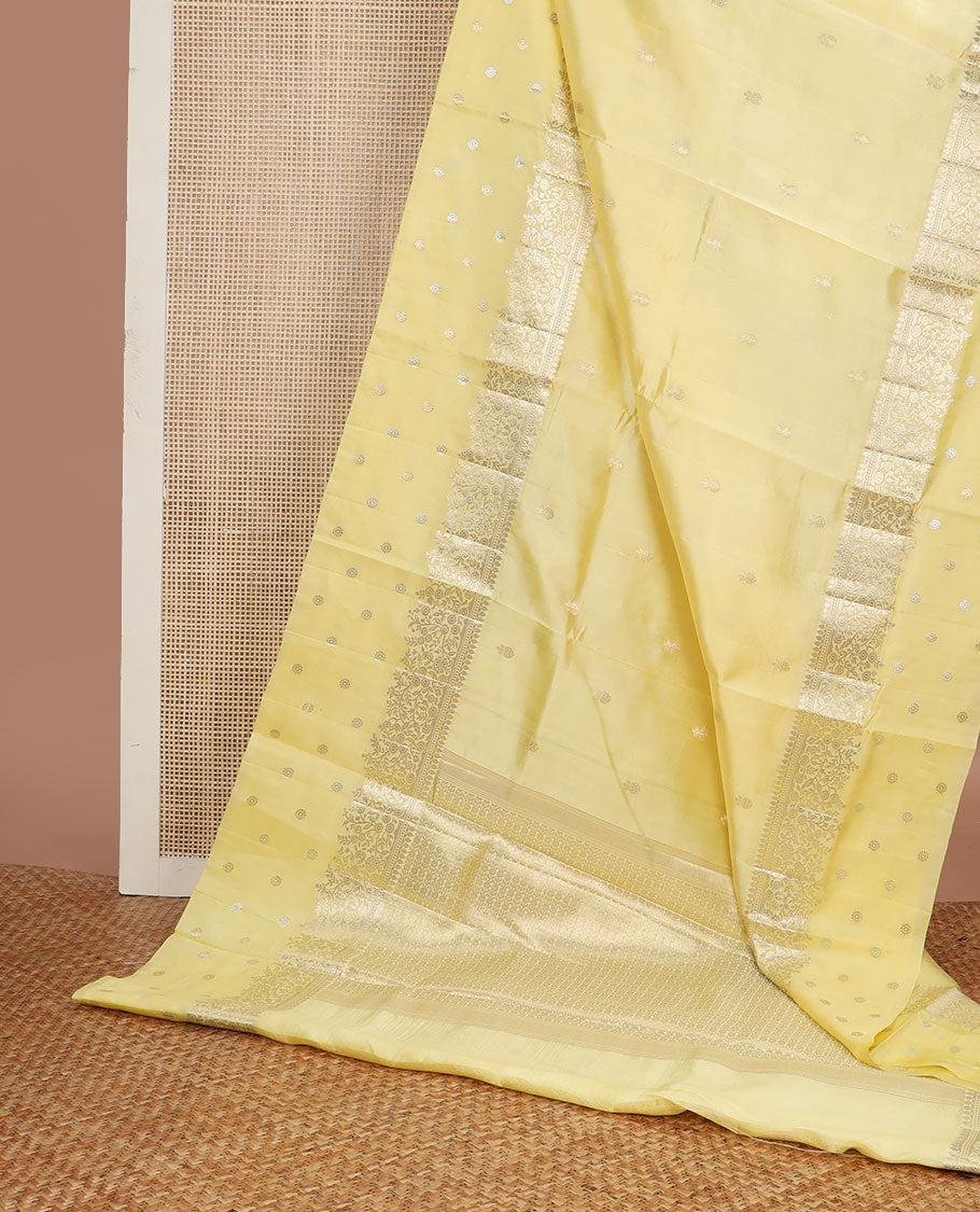 Lemon yellow floral motifs raw mango silk saree with self zari design & floral design pallu
