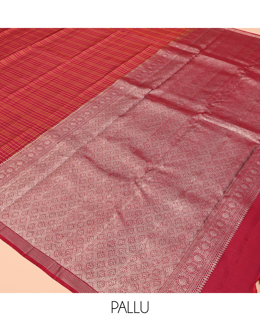 Red Checked Kanchipuram Silk Saree, a Zari-Intricately Designed Border, Grand Jaal Pallu, and a Matching Blouse