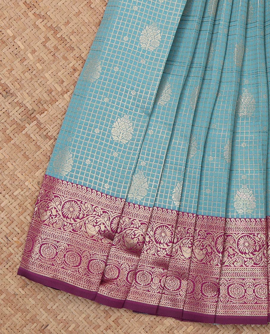 Blue Litchi Saree, Bedecked with Zari Buttas and Checks, a Contrast Traditional Zari Border, Grand Pallu, and a Contrast Blouse