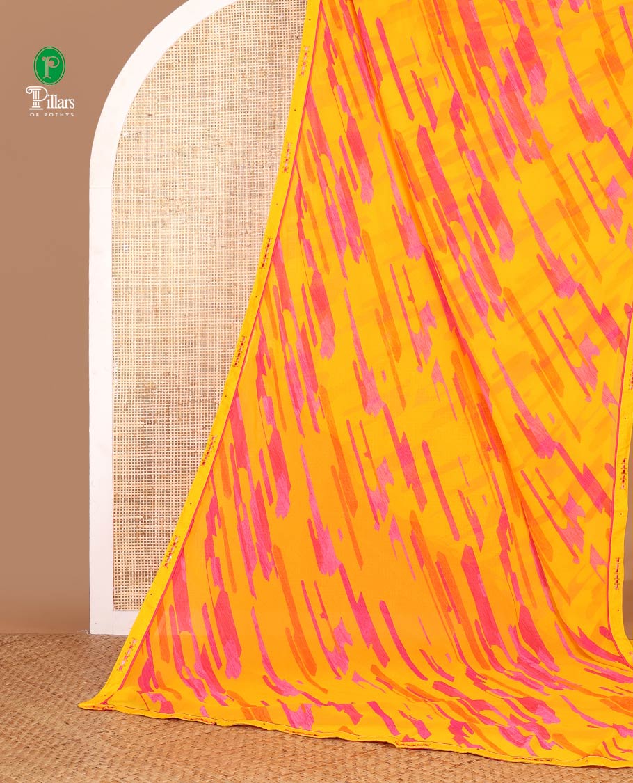 Yellow digital printed sitara shimmer saree with lace border & self pallu along with plain blouse
