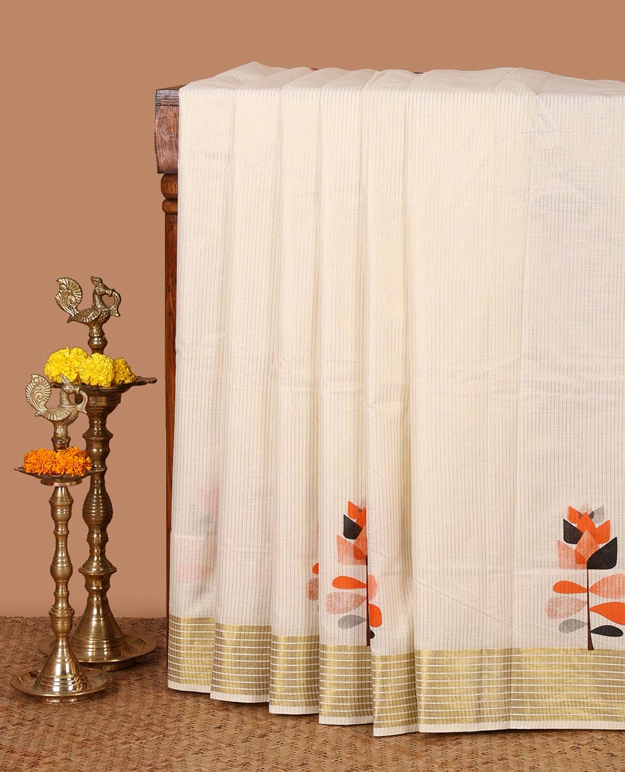 Cream vertical zari striped Kerala cotton saree, zari border & pallu of tree-style motifs screen print