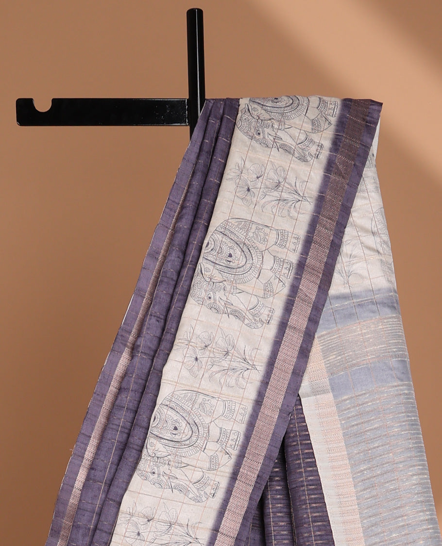 Violet all-over copper zari checks design semi tussar saree with floral, elepgant design, copper zari jacqaurd border & linnnin chip pallu along with self ajrackprinted checks blouse