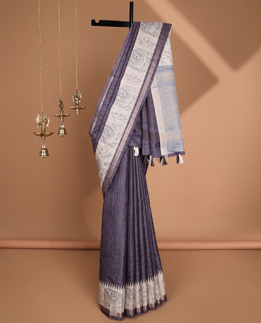 Violet all-over copper zari checks design semi tussar saree with floral, elepgant design, copper zari jacqaurd border & linnnin chip pallu along with self ajrackprinted checks blouse