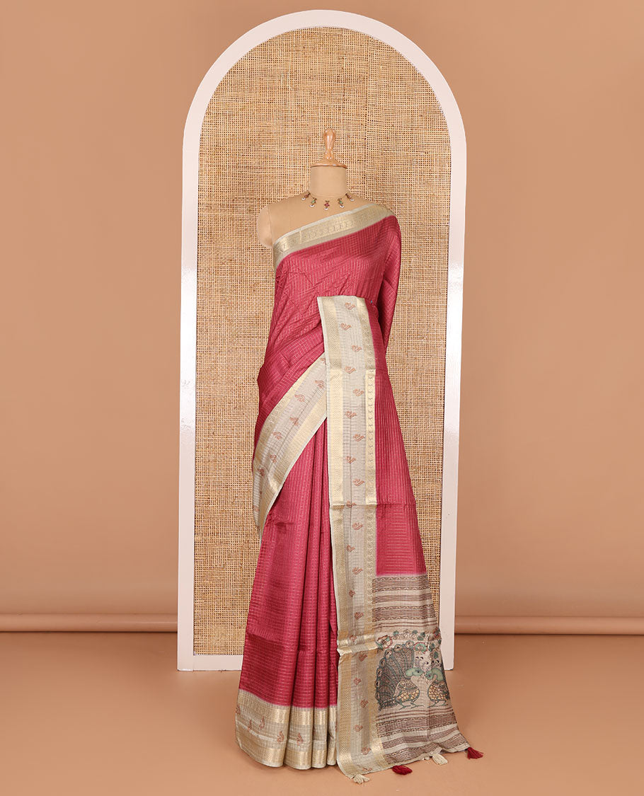 Maroon gold zari checked katan silk saree with contrast traditional zari border of peacock print, peacock printed pallu, and contrast printed blouse