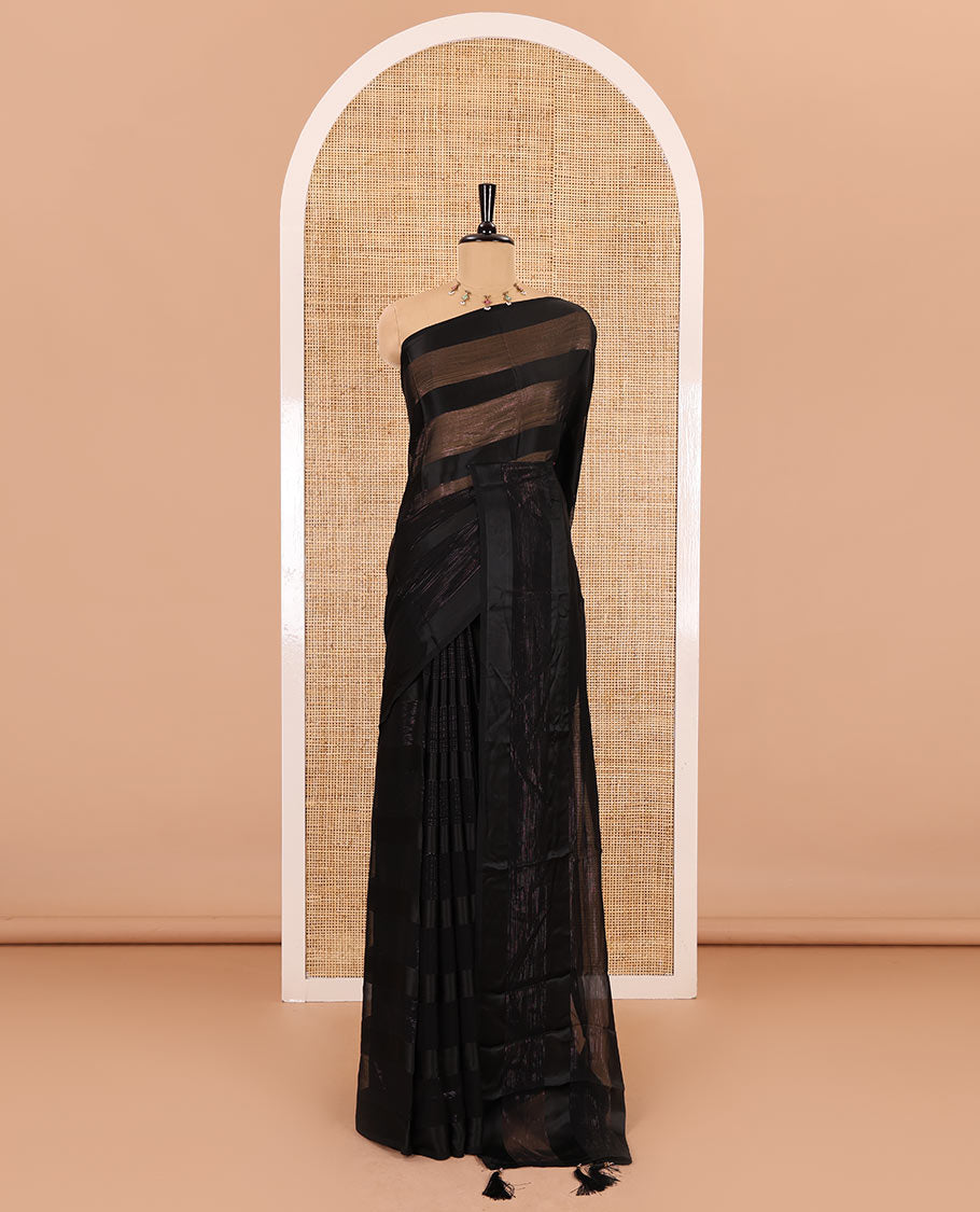 Borderless black horizontal satin thick striped shimmer georgette saree with a contrast blouse