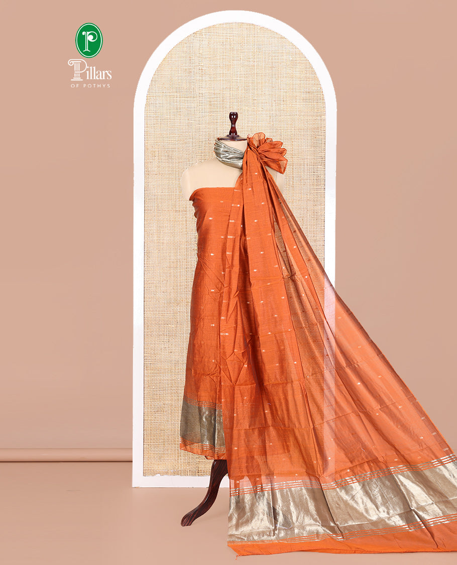 Rust Banarasi Chanderi Material Churidar, Prettified with Buttas Top, a Plain Bottom, and a Matching Dupatta