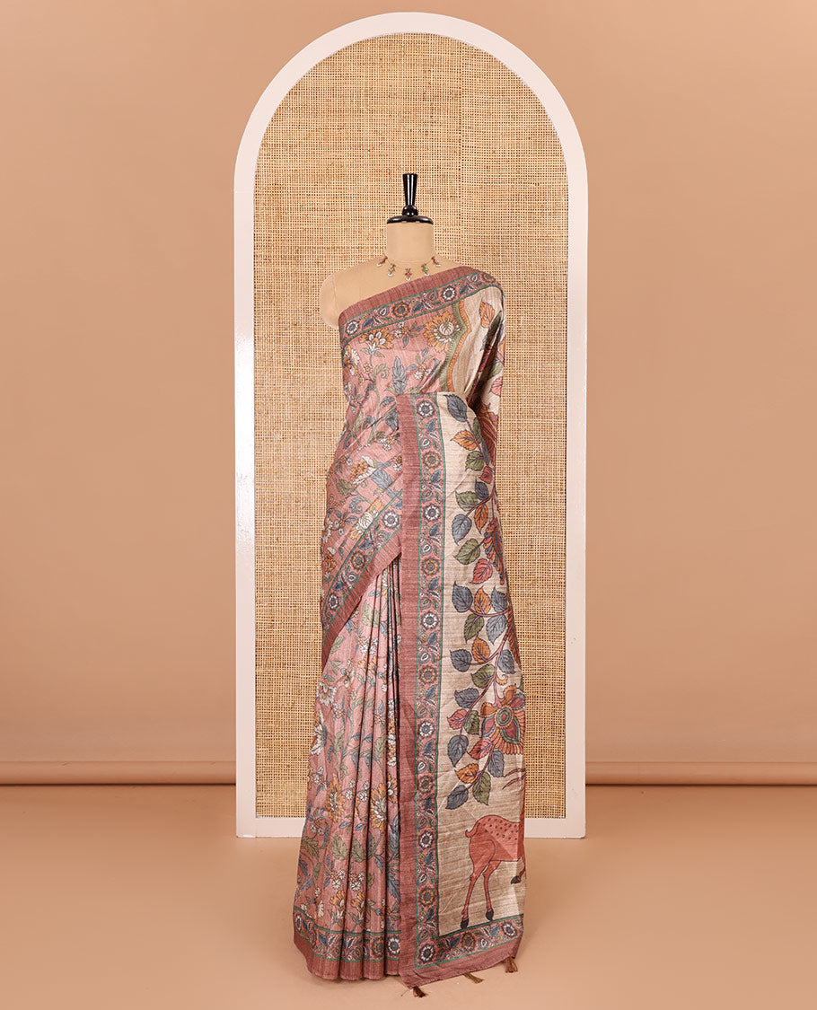Brown kalamkari floral vine printed fancy tussar saree, floral printed border, Tree of life printed pallu, and a matching blouse