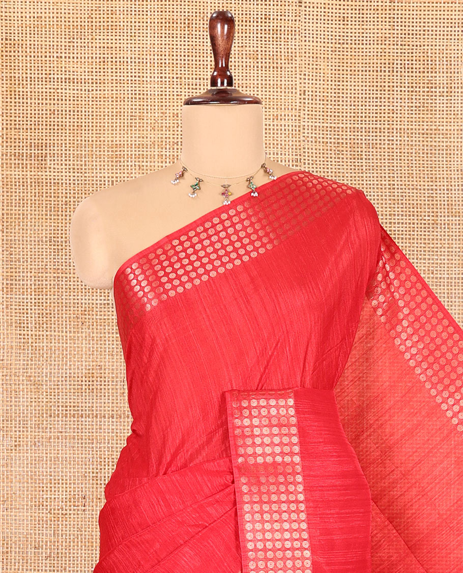 Red Fancy Tussar Saree, Polka Dotted Border, a Floral Printed Blouse, Matching Blouse