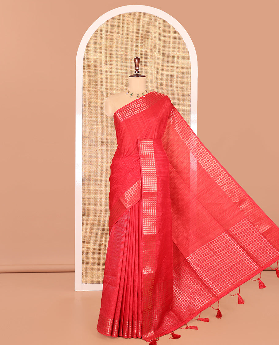 Red Fancy Tussar Saree, Polka Dotted Border, a Floral Printed Blouse, Matching Blouse