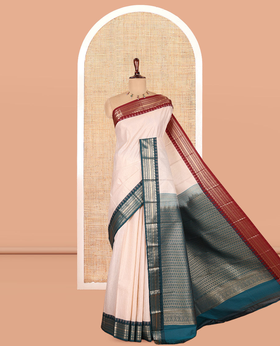 White Zari Checked Budget Silk Saree, Contrast Ganga-Jamuna Traditional Border, Intricate Pallu, and Contrast Blouse