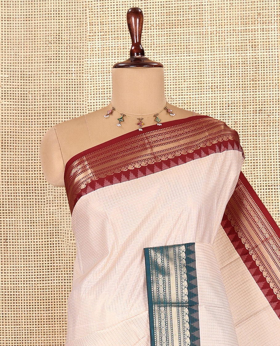 White Zari Checked Budget Silk Saree, Contrast Ganga-Jamuna Traditional Border, Intricate Pallu, and Contrast Blouse