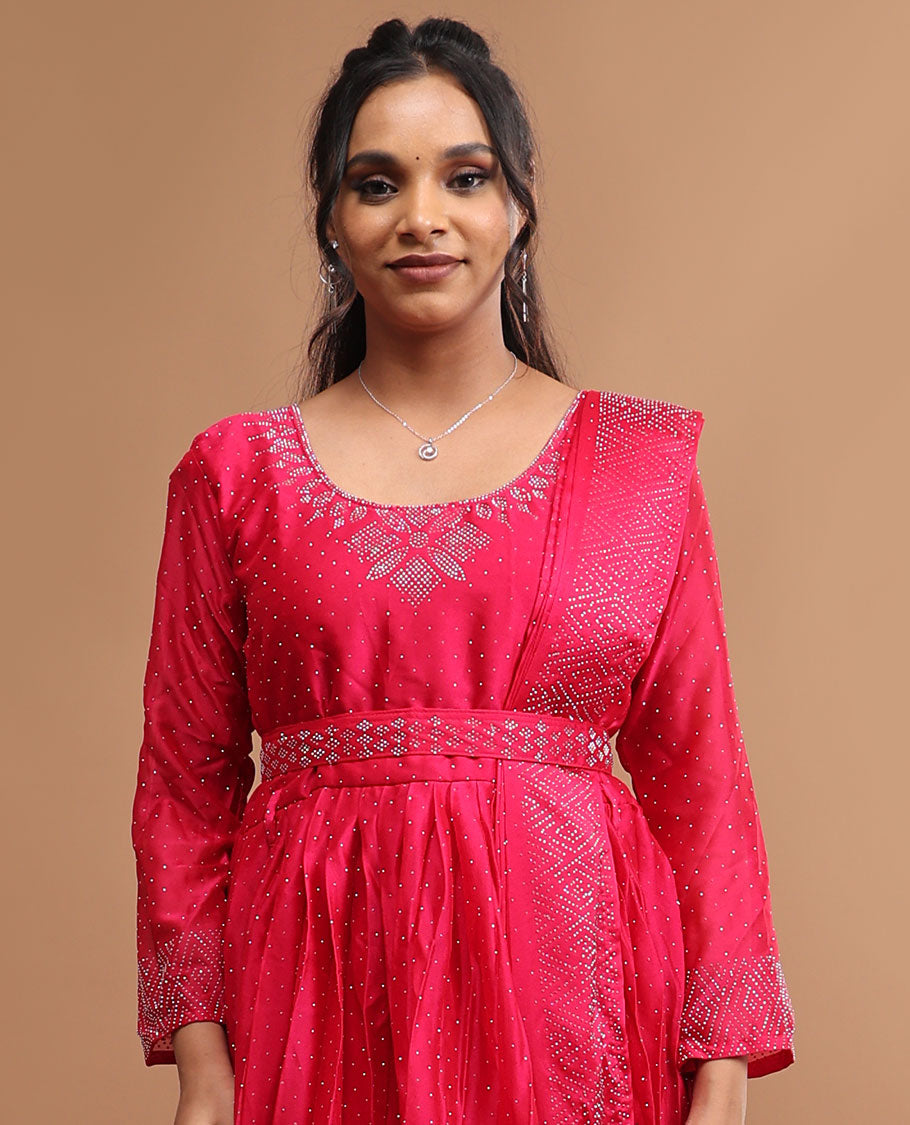 Red floral embroidery round neck, sleeveless , floor lenght with embroidered dupatta & embroidered belt