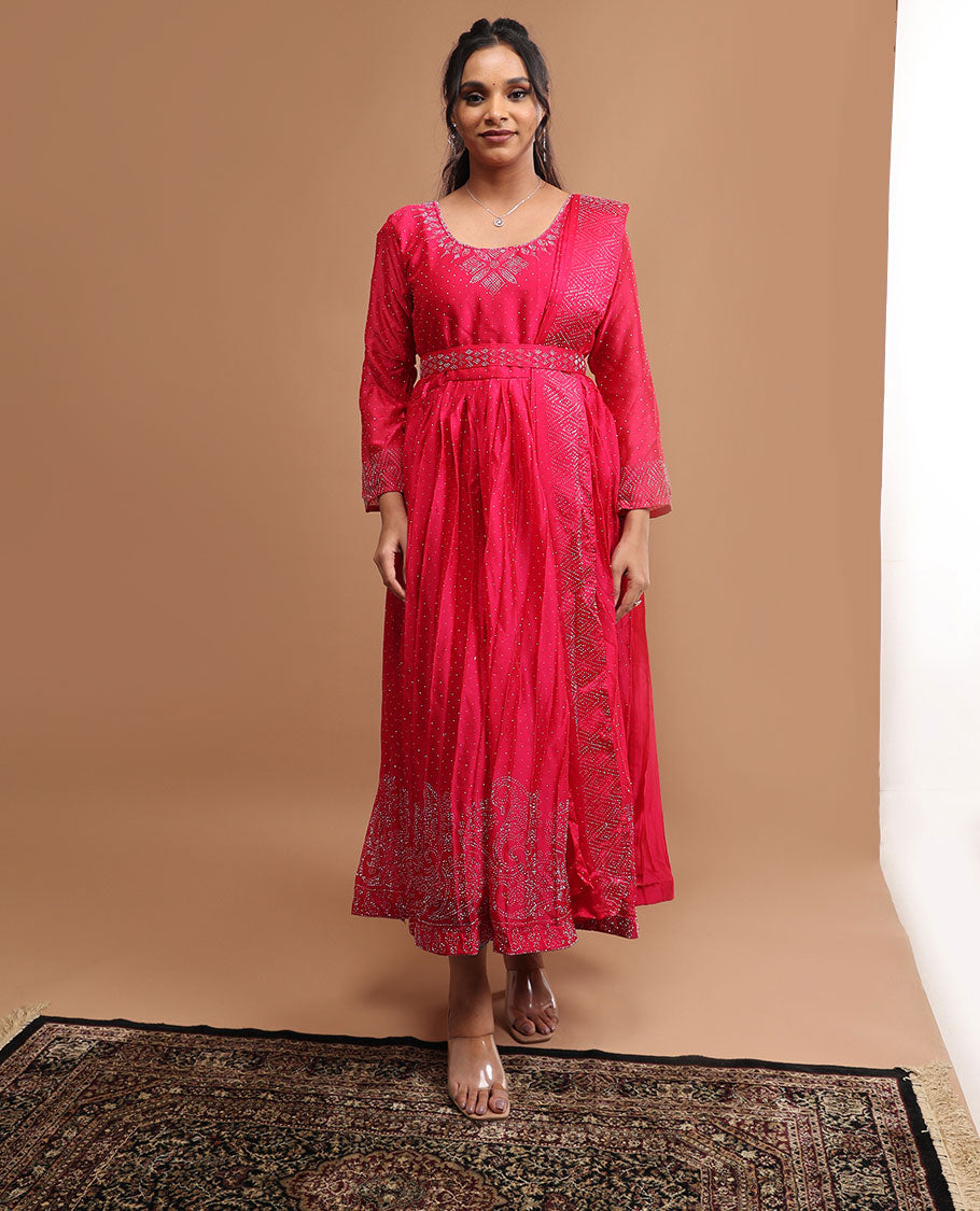 Red floral embroidery round neck, sleeveless , floor lenght with embroidered dupatta & embroidered belt