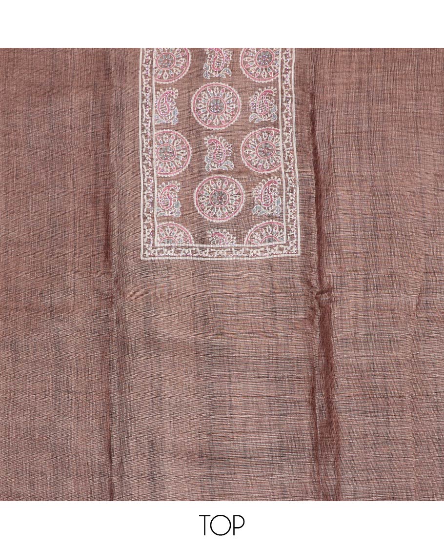Brown material chudidar set, Ajrakh style printed with stone work top, contrast pink plain bottom and Ajrakh printed dupatta