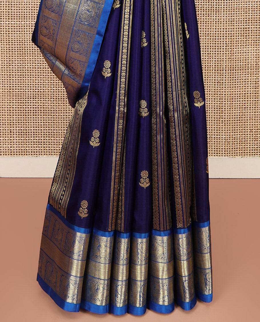 Navy Blue Venkatagiri Silk Saree, Detailed with Zari Designs All Over Its Body, Complemented by a Contrast Traditional Zari Border of Peacock Designs, Pallu of Peacock Designs, and Paired with a Contrast Blouse