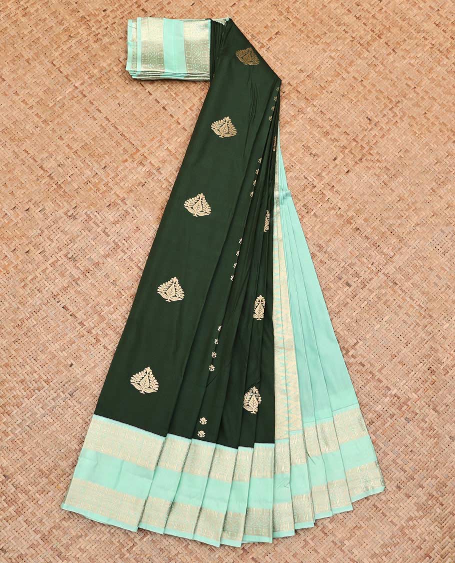 Green Budget Silk Saree, Ornamented With Zari Buttas All Over Its Body, Complemented by Contrast Rettai Pettu Border of Traditional Zari Designs, Sparsely Woven Pallu, and Paired with a Contrast Blouse