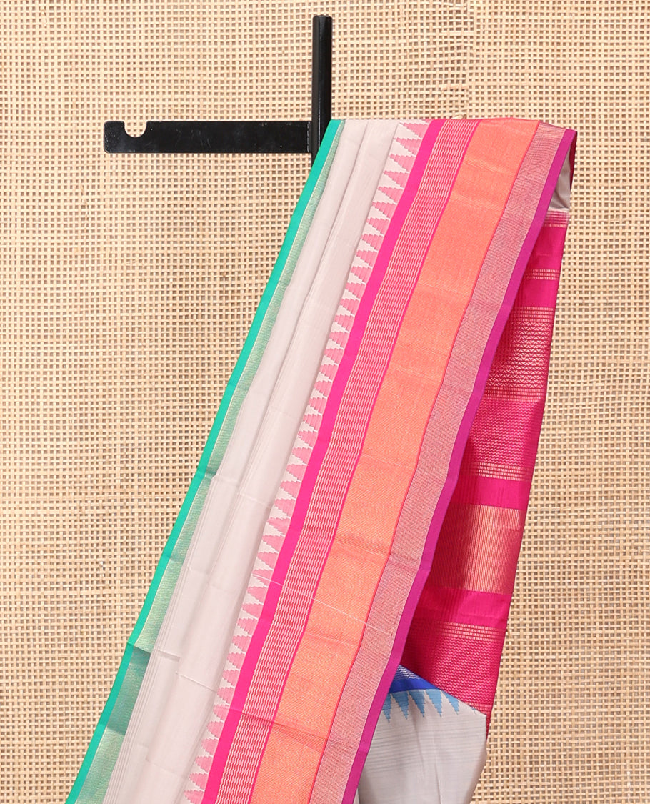 Off-White Plain Bangalore Silk Saree, Complemented by a Contrast Temple Ganga-Jamuna Border, Temple Pallu, and a Contrast Blouse