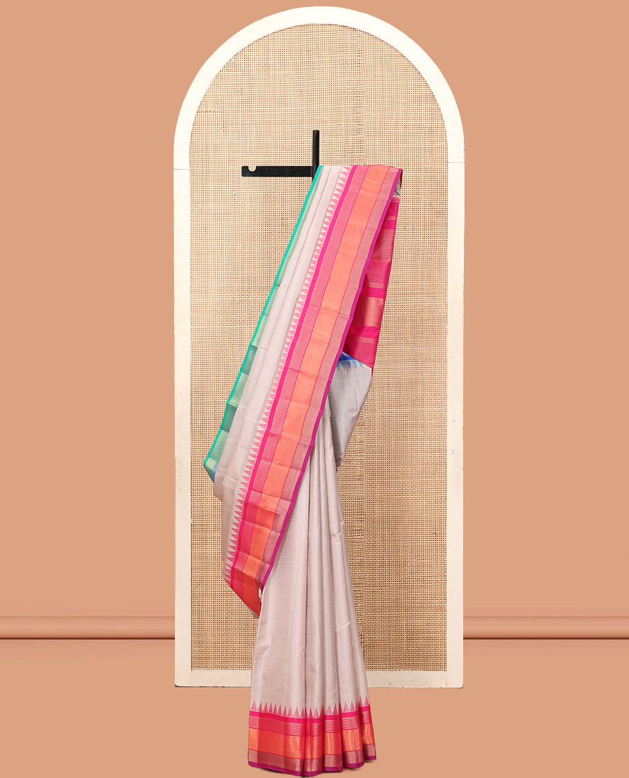 Off-White Plain Bangalore Silk Saree, Complemented by a Contrast Temple Ganga-Jamuna Border, Temple Pallu, and a Contrast Blouse