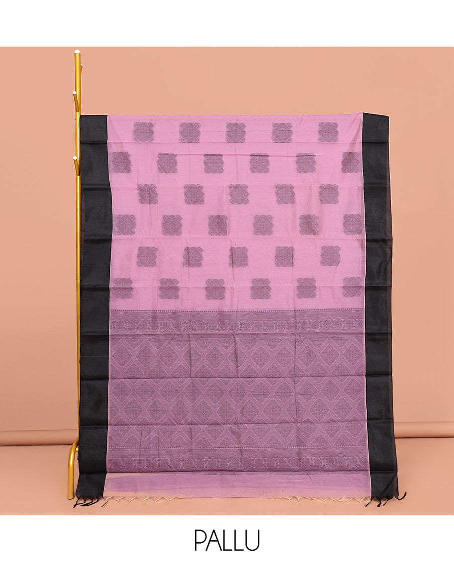 Pink Semi-Silk Cotton Saree, Delicately Designed with Buttas All Over Its Body, Contrast Plain Border, Pallu of Jaal Design, and Paired with a Matching Blouse