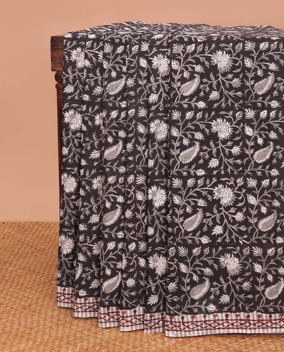 Black floral design mul mul cotton saree with contrast geometric design border & floral design pallu