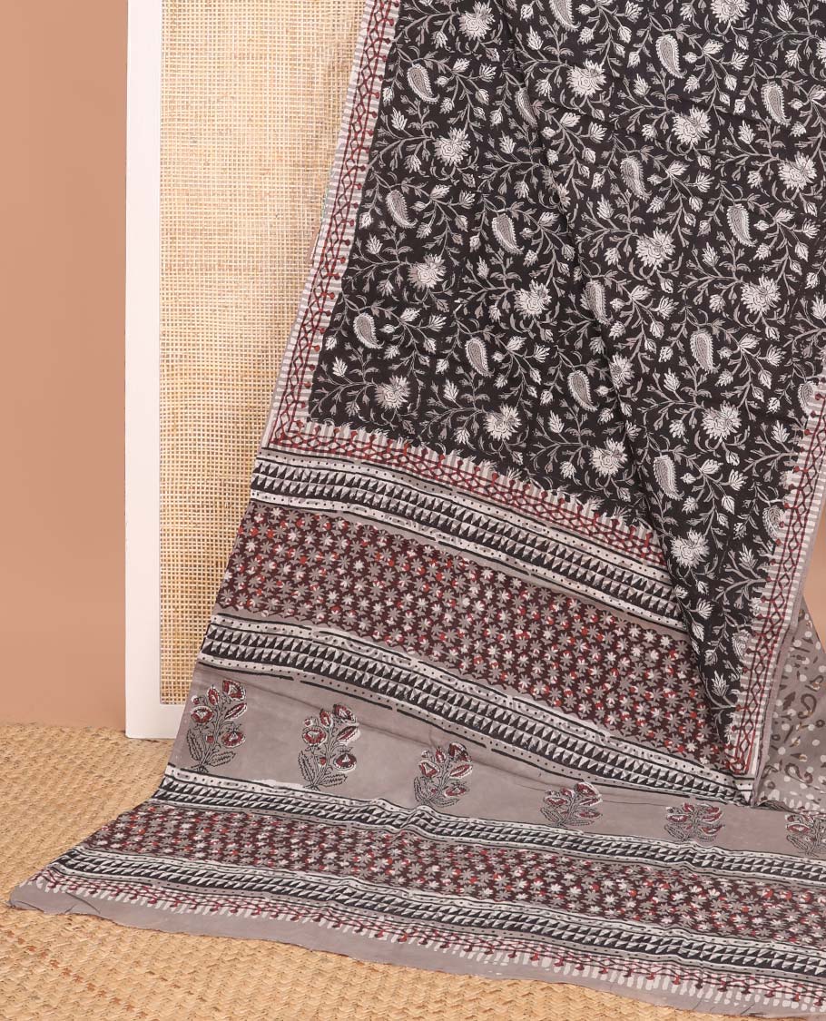 Black floral design mul mul cotton saree with contrast geometric design border & floral design pallu