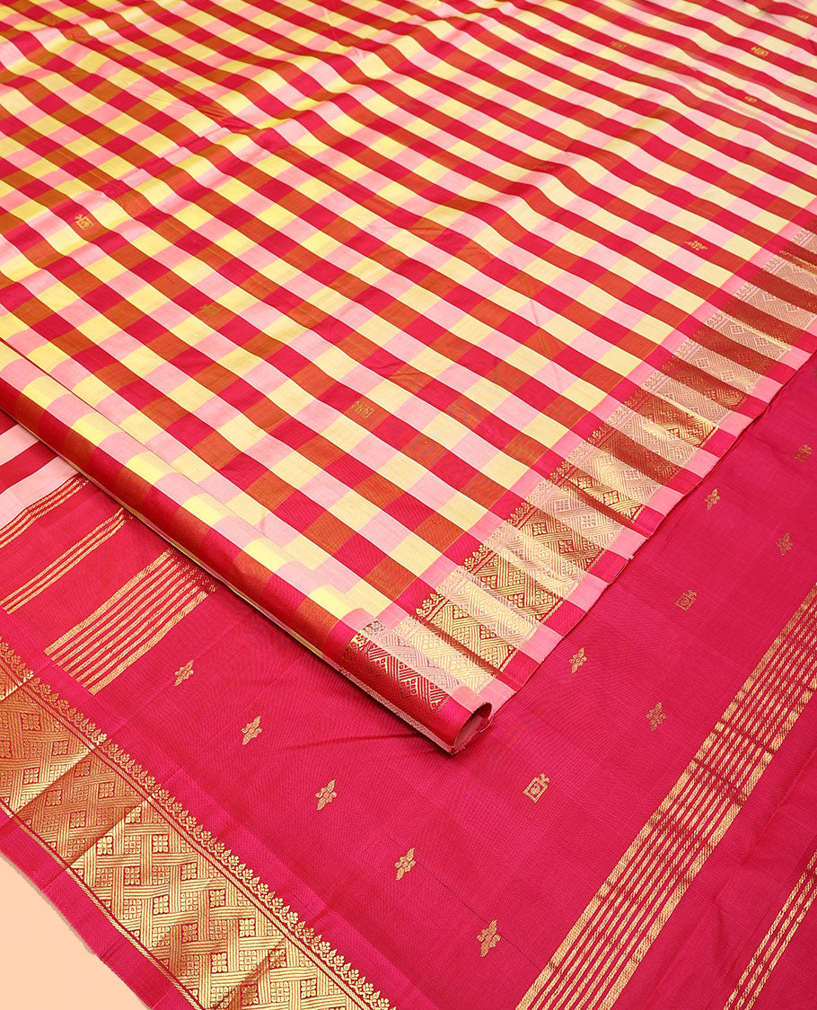 Multi-Color Kanchipuram Silk Saree, Gracefully Embellished with a Checked Design All Over Its Body, Highlighted by a One-Sided Border of Thilakam, and Jaal Designs, Pallu of Zari Designs, and Comes Without a Blouse
