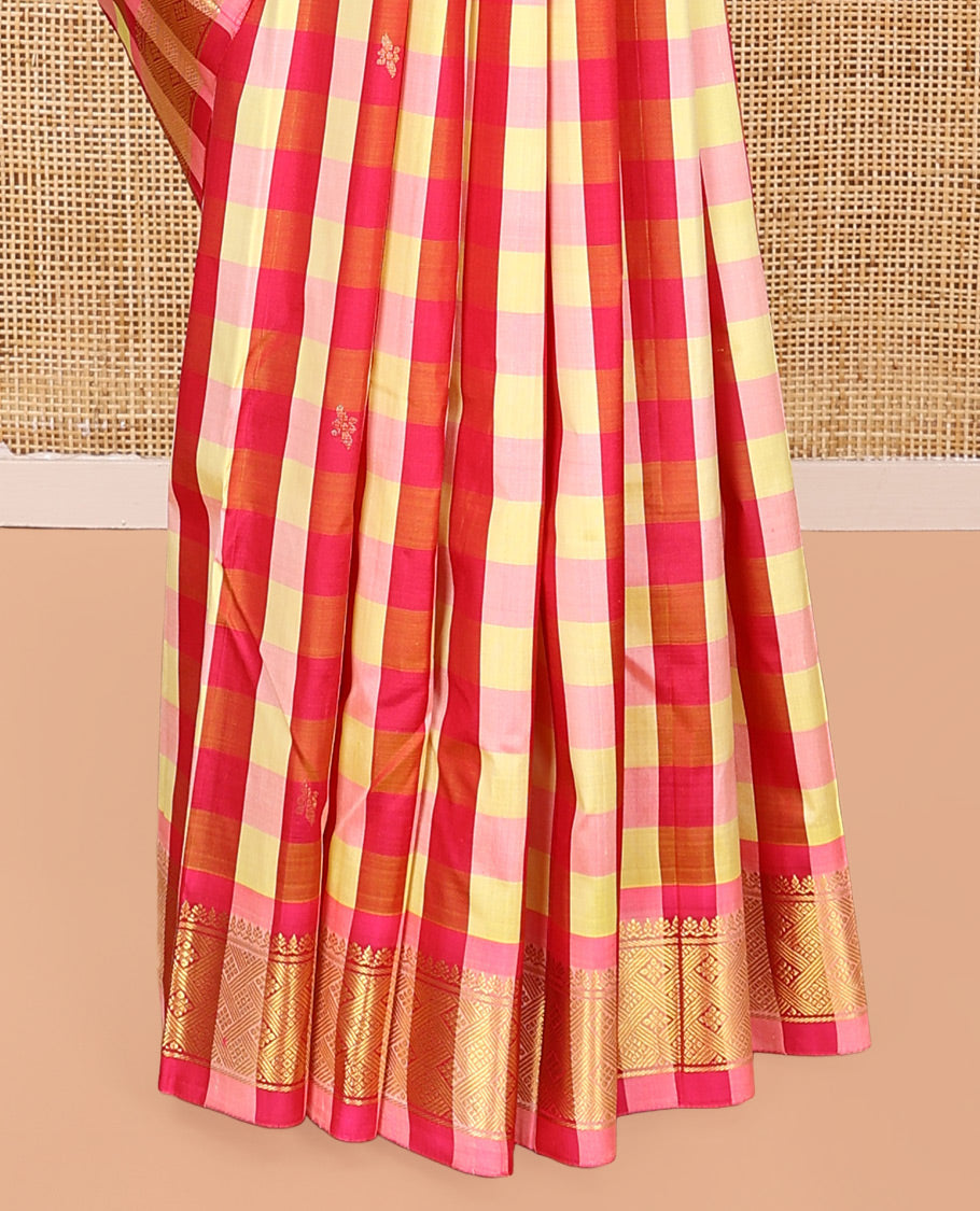 Multi-Color Kanchipuram Silk Saree, Gracefully Embellished with a Checked Design All Over Its Body, Highlighted by a One-Sided Border of Thilakam, and Jaal Designs, Pallu of Zari Designs, and Comes Without a Blouse