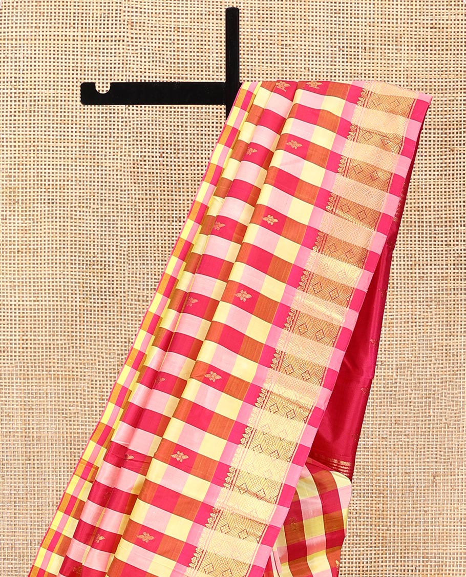 Multi-Color Kanchipuram Silk Saree, Gracefully Embellished with a Checked Design All Over Its Body, Highlighted by a One-Sided Border of Thilakam, and Jaal Designs, Pallu of Zari Designs, and Comes Without a Blouse