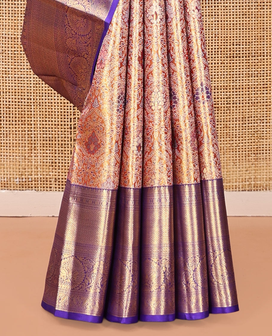 Orange Kanchipuram Tissue Silk Saree, Detailed with Jacquard, a Contrast Traditional Zari Border, Intricate Pallu, and Contrast Blouse