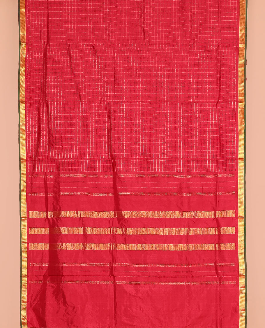 Red muthu zari kattam nine-yard silk saree, zari Muthu design border, and pallu of zari designs