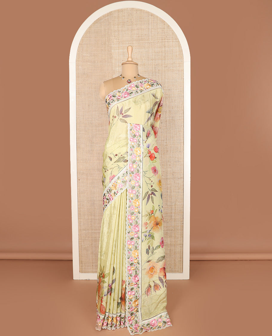 Yellow buttas with floral vine printed dola silk saree, contrast floral embroidered scallop border