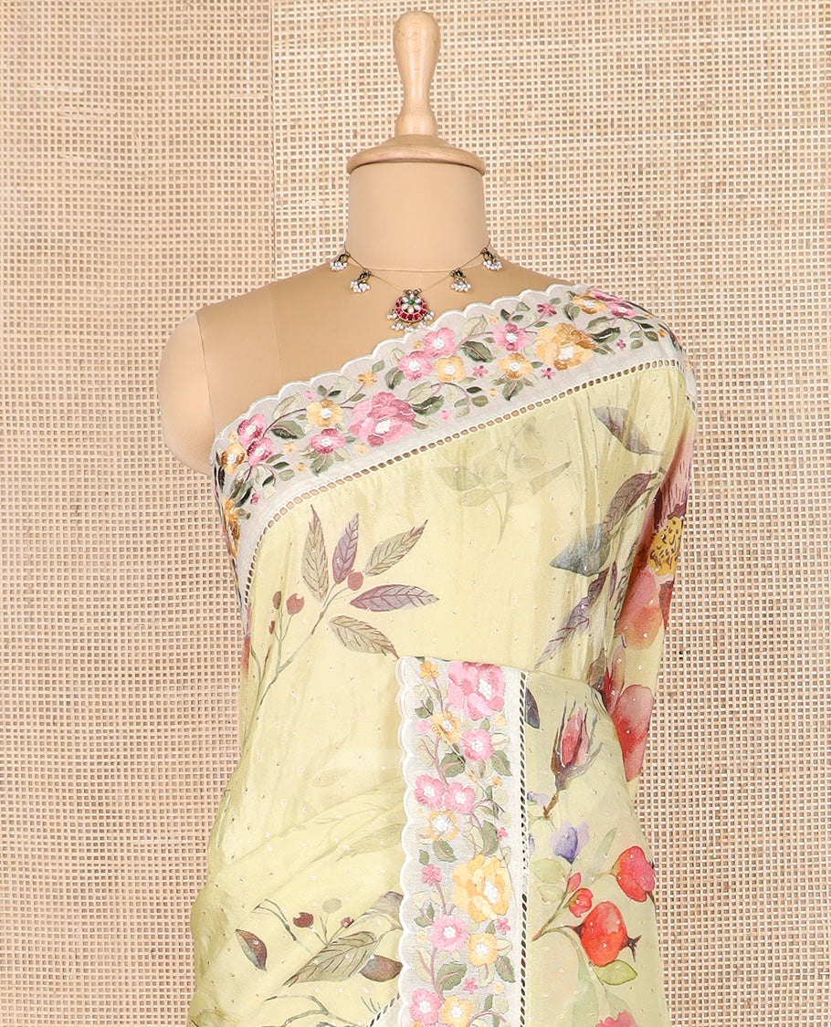 Yellow buttas with floral vine printed dola silk saree, contrast floral embroidered scallop border