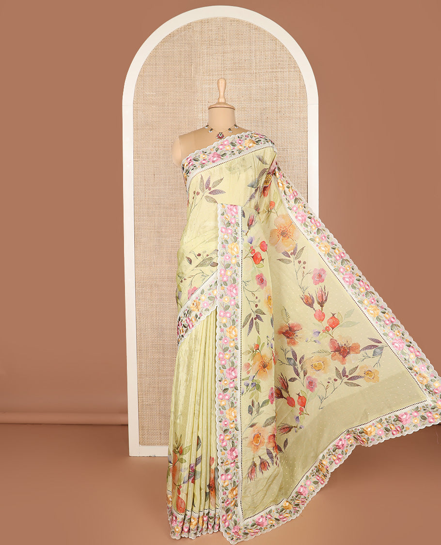 Yellow buttas with floral vine printed dola silk saree, contrast floral embroidered scallop border