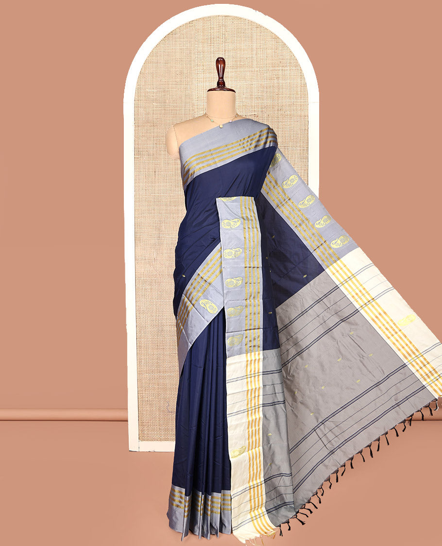 Navy Blue Aarani Gift Saree, Embellished with Buttas on Its Body, Complemented by a Contrast Border of Stripes and Paisley Designs, a Pallu of Stripes and Buttas, and Paired with a Contrast Blouse