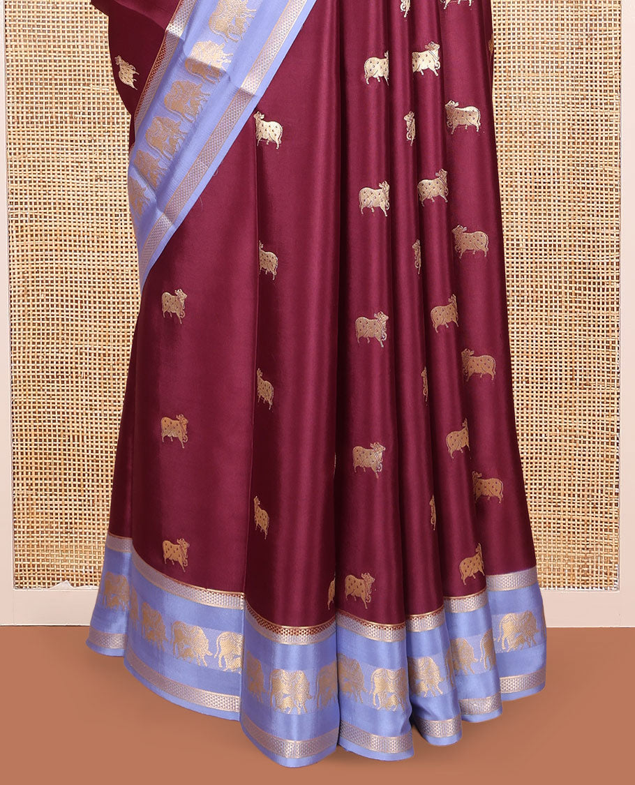 Maroon Mysore Silk Saree Features Pichwai Cow Buttas, Contrast Pichwai Cow Zari Border, a Pichwai Cow Pallu, and a Contrast Blouse