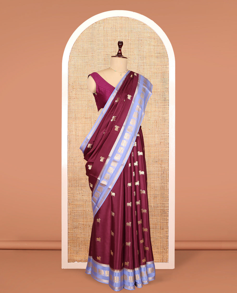 Maroon Mysore Silk Saree Features Pichwai Cow Buttas, Contrast Pichwai Cow Zari Border, a Pichwai Cow Pallu, and a Contrast Blouse