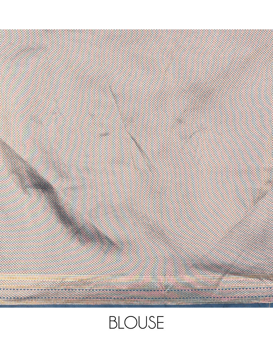 Gold-peacock blue zari buttas half-saree with contrast intricate Mughal motifs woven bordered skirt, brocade blouse, and a zari design dhavani