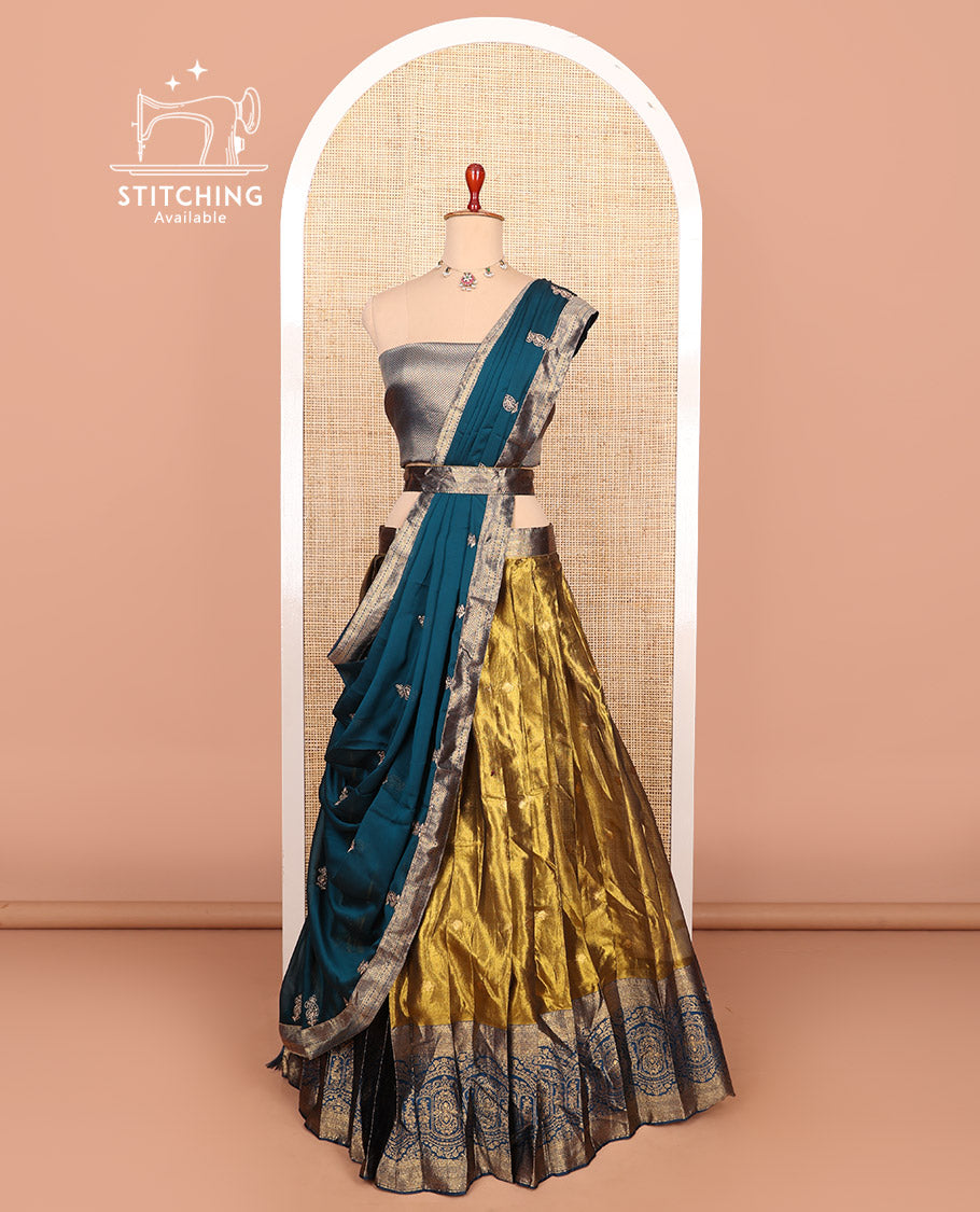 Gold-peacock blue zari buttas half-saree with contrast intricate Mughal motifs woven bordered skirt, brocade blouse, and a zari design dhavani