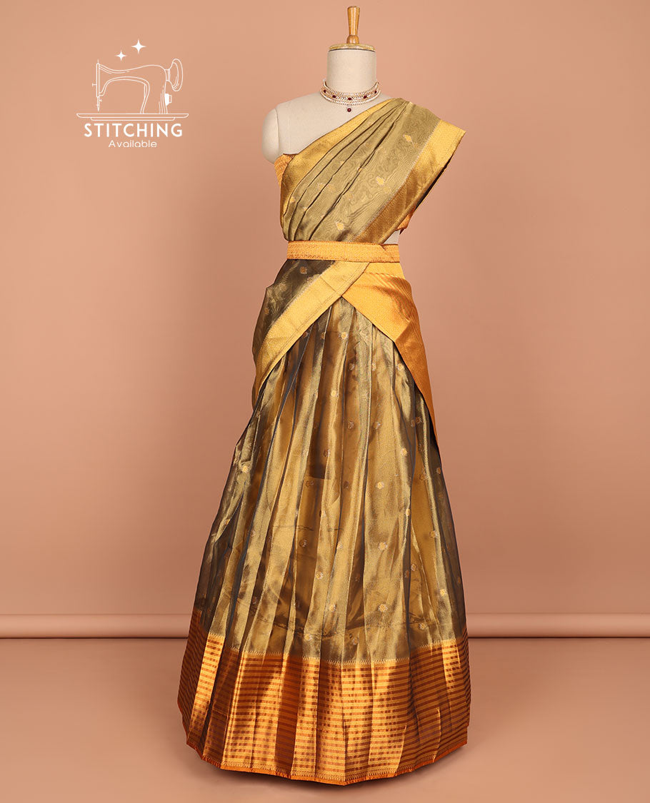 Brown buttas half saree with contrast striped border, intricate zari design blouse & butta , striped floral zari design dhavani