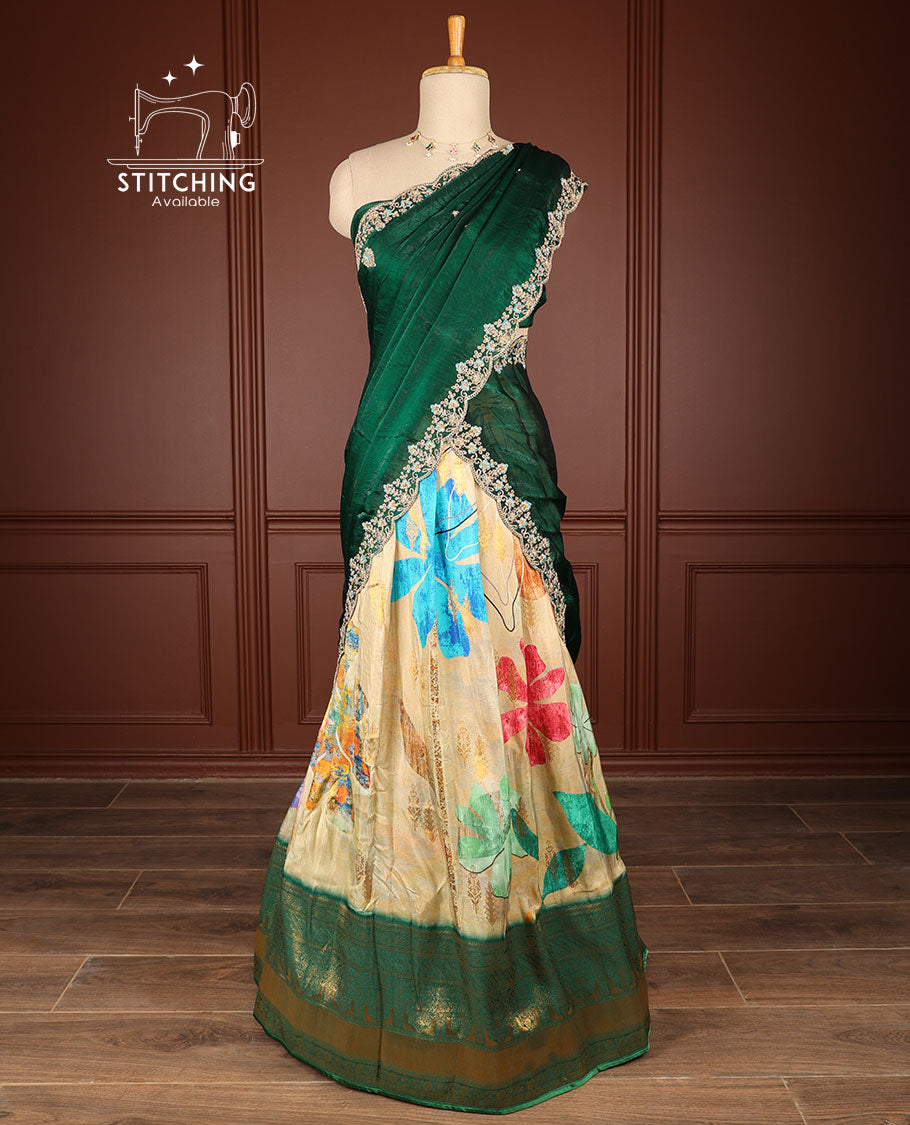 Cream floral design half saree with contrast zari design border, zari design blouse & leaf embroidery scallop border dhavani