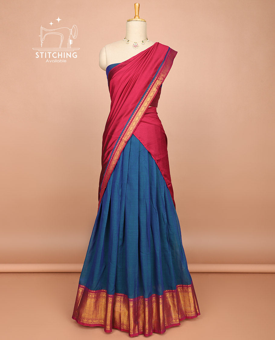 Ink blue cotton half saree with contrast traditional zari design border, floral design blouse & floral design border dhavani