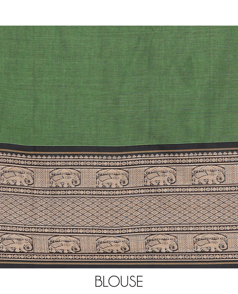 Green cotton half-saree, plain with contrast traditional motifs woven bordered skirt, matching blouse, and a contrast bordered dhavani